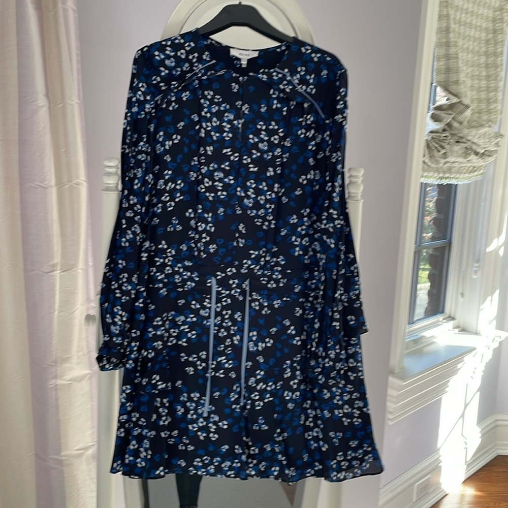 Reiss navy patterned tie waist dress.